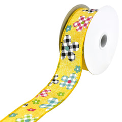 Plaid Patterned Spring Flowers Wired Ribbon, 10-yard