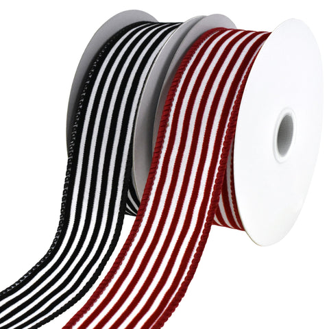 Flocked Velvet Cabana Stripes Wired Ribbon, 1-1/2-Inch, 10-Yard