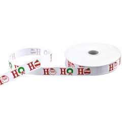 Santa Ho Ho Ho and Christmas Ornaments Grosgrain Ribbon, 5/8-Inch, 10-Yard - White