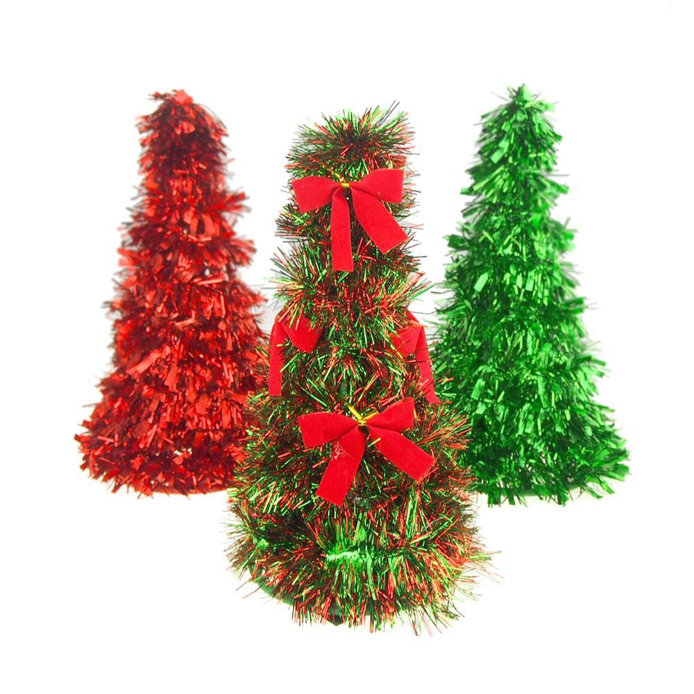 Metallic Tinsel Christmas Tabletop Tree, Red/Green, 10-Inch, 3-Piece