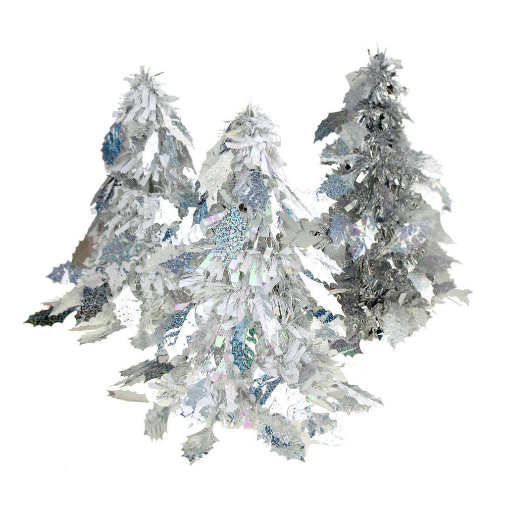 Iridescent Holly Leaf Christmas Tinsel Tabletop Tree, Silver, 10-Inch, 3-Piece