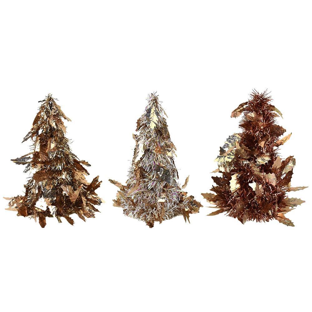 Tinsel and Leaf Cutouts Christmas Tree Tabletop Decorations, Rose Gold, 10-Inch, 3-Piece