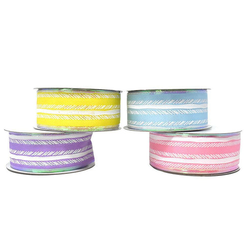 Feathered Stripes Iridescent Edge Satin Wired Ribbon, 10-yard