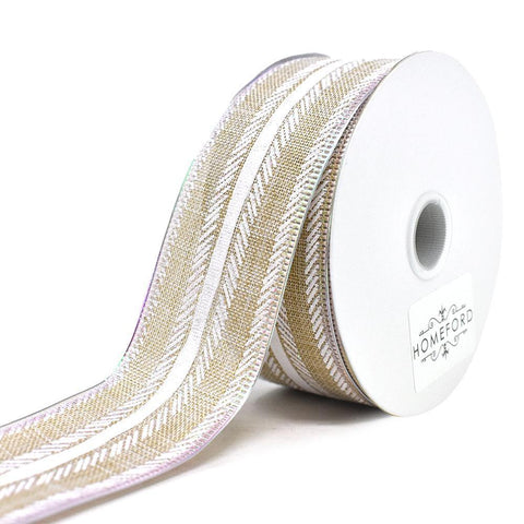 Feathered Stripes Iridescent Edge Linen Wired Ribbon, 10-yard