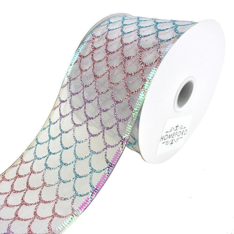 Pastel Glitter Mermaid Fish Scales Wired Ribbon, 2-1/2-Inch, 10-Yard