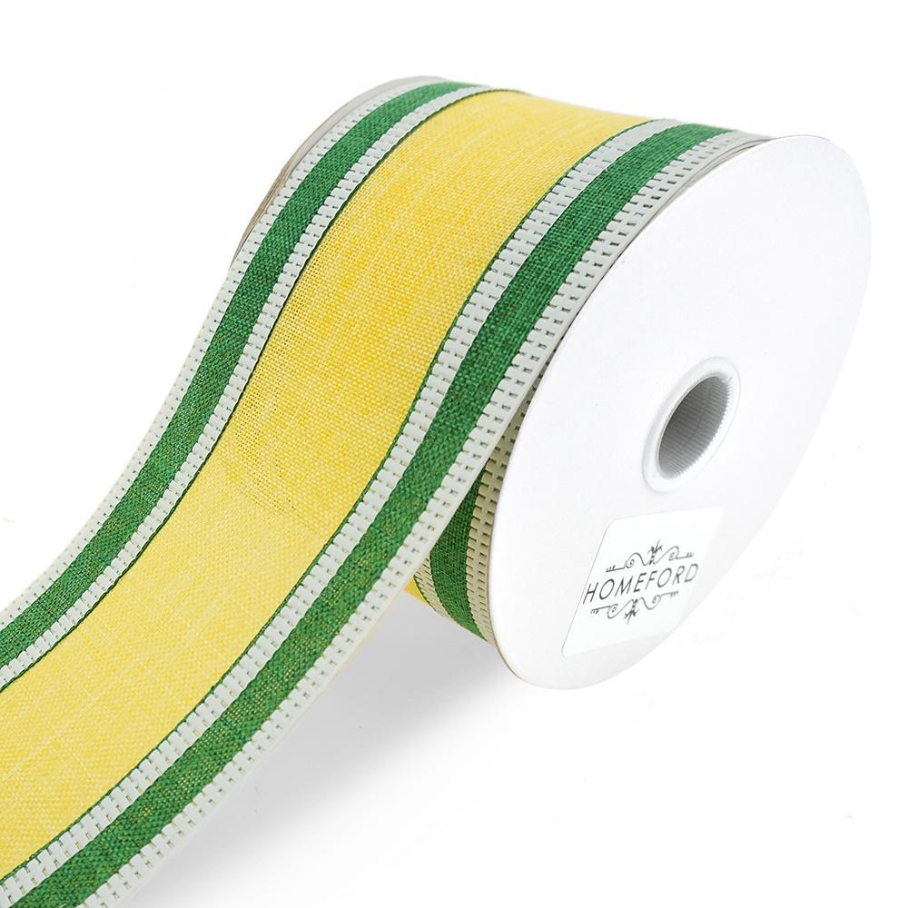 Stripes Linen Wired Ribbon with White Edge, Daffodil/Green, 2-1/2-Inch, 10-Yard