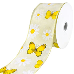 Daisies and Butterflies Faux Linen Wired Ribbon, 10-yard