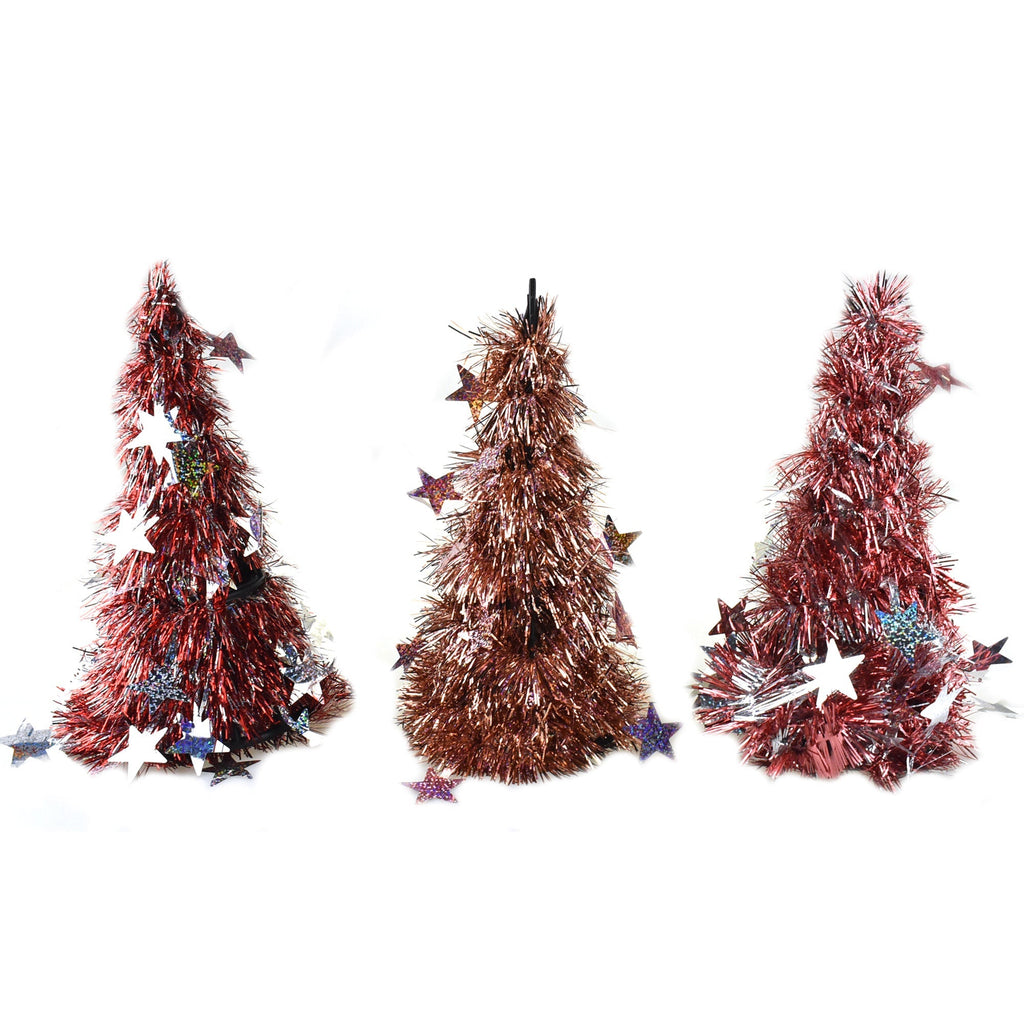 Laser Cut Star Tinsel Table Top Trees, Rose Gold/Red, 10-Inch, 3-Piece