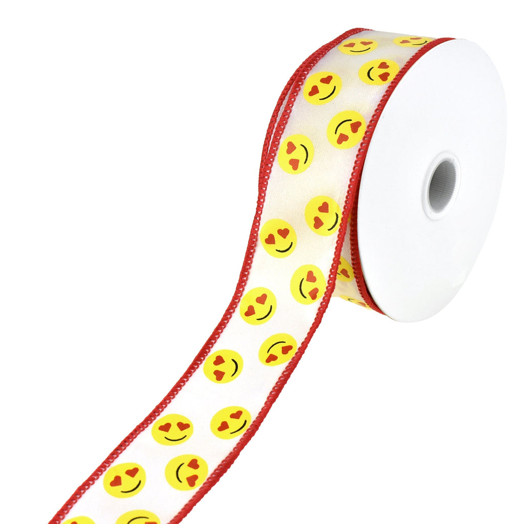 Valentine's Day Heart Eyes Emoji Wired Ribbon, 1-3/8-Inch, 10-Yard