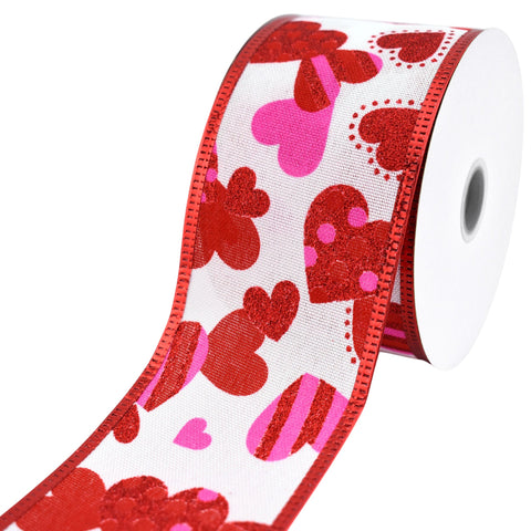 Valentine's Dotted Striped Hearts Faux Linen Wired Ribbon, 2-1/2-inch, 10-yard