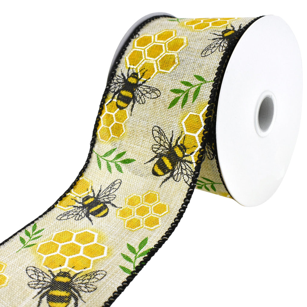 Honeycomb Bee Faux Linen Wired Ribbon, 2-1/2-inch, 10-yard