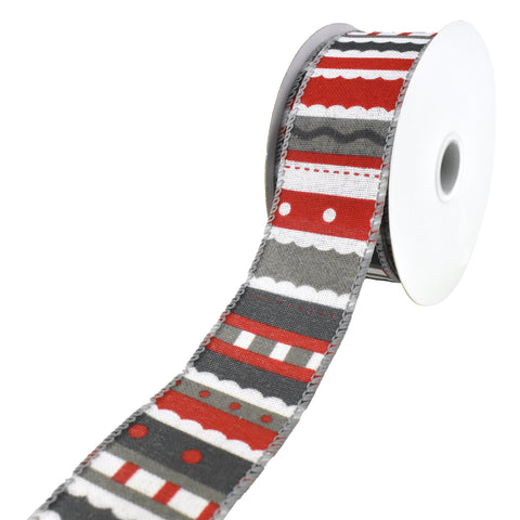 Christmas Linen Grey Red Whimsy Stripes, 1-1/2-Inch, 10-Yard