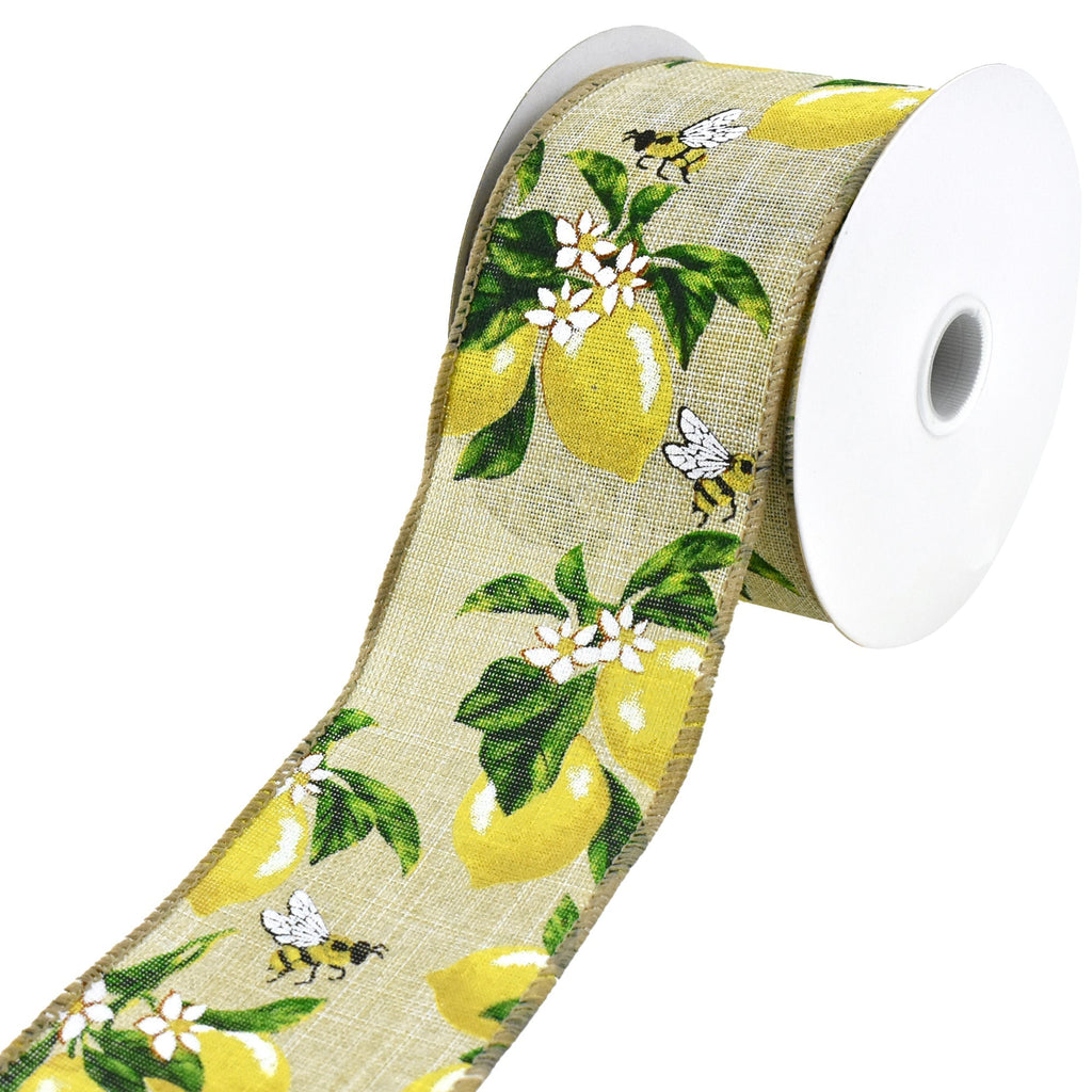 Honeybees and Lemons Faux Linen Wired Ribbon, 2-1/2-Inch, 10-Yard