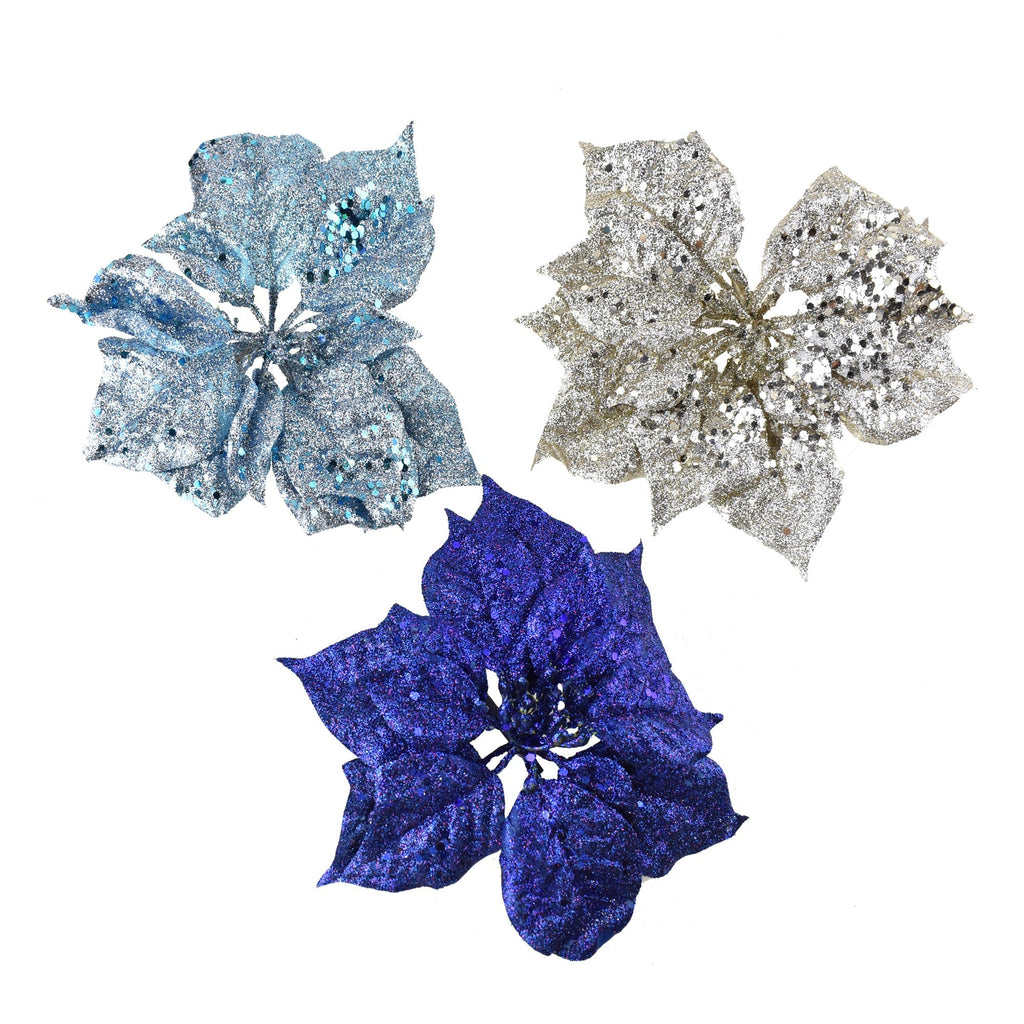 Glittered Clip On Poinsettia Decorations, Navy Blue, 8-Inch, 3-Piece