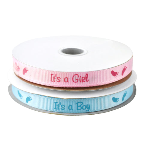 It's a Boy/Girl Footprint Baby Shower Grosgrain Ribbon, 3/8-inch, 25-yard