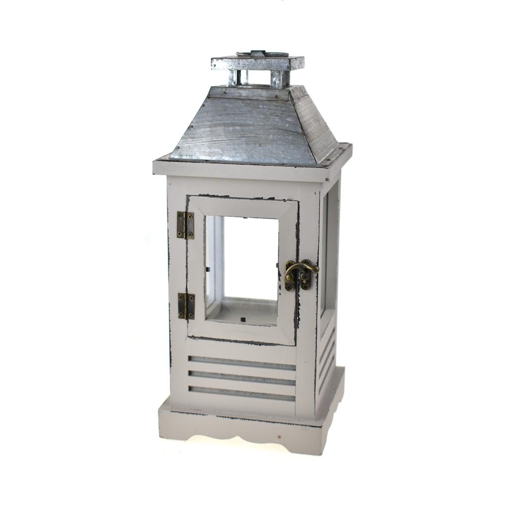 Wooden Lantern with Metal Top, Grey, 14-Inch