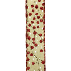 Christmas Glitter Berry Branches Wired Ribbon, 1-1/2-Inch, 10-Yard - Natural