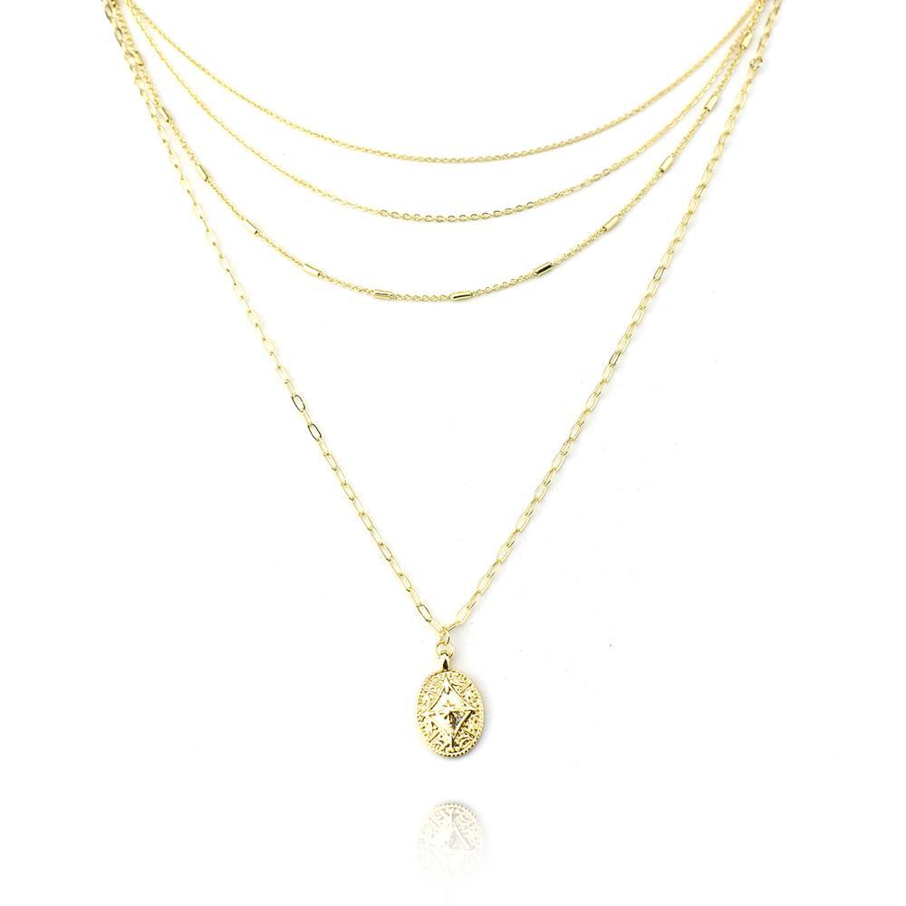 Gold Oval Crest Pendant Layer Necklace, 22-Inch