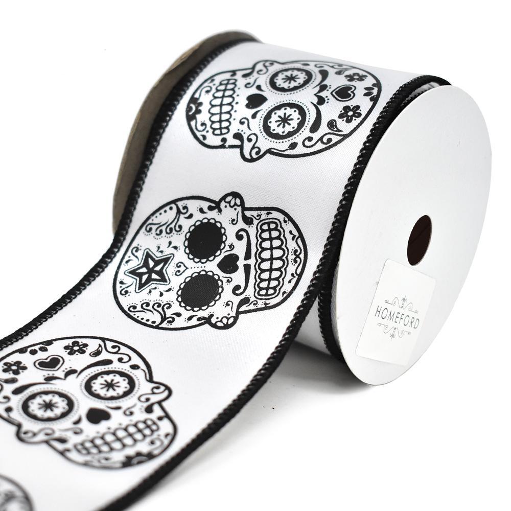 Day of the Dead Sugar Skull Wired Ribbon, White, 2-1/2-Inch