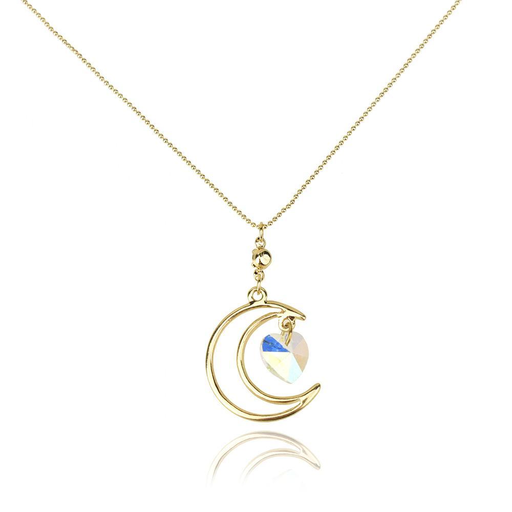 Gold Crescent Moon with Heart Gemstone Pendant Necklace, 16-Inch