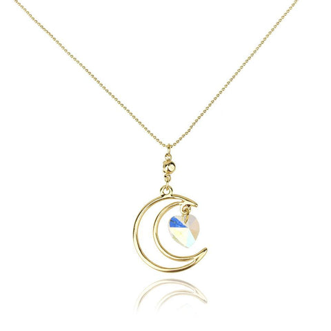 Gold Crescent Moon with Heart Gemstone Pendant Necklace, 16-Inch