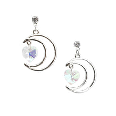 Crescent Moon with Heart Gemstone Pendant Drop Earrings, 1-1/4-Inch