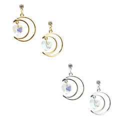 Crescent Moon with Heart Gemstone Pendant Drop Earrings, 1-1/4-Inch