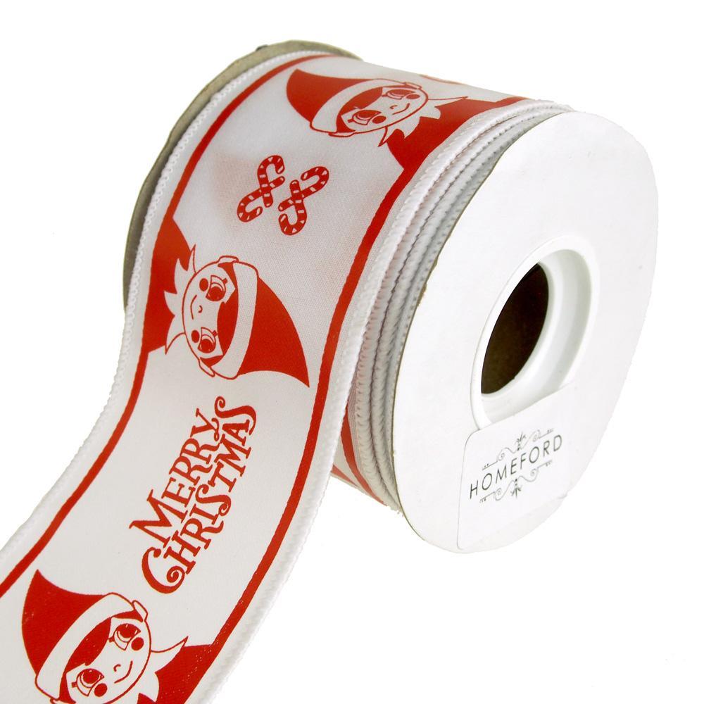 Merry Christmas Elf Wire Edge Ribbon, White/Red, 2-1/2-Inch, 10 Yards