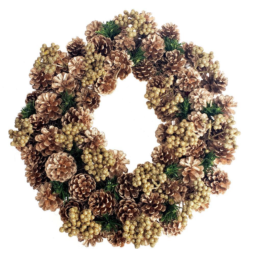 Gold Pine Cones & Glitter Berries Twig Christmas Wreath, Gold, 17-Inch