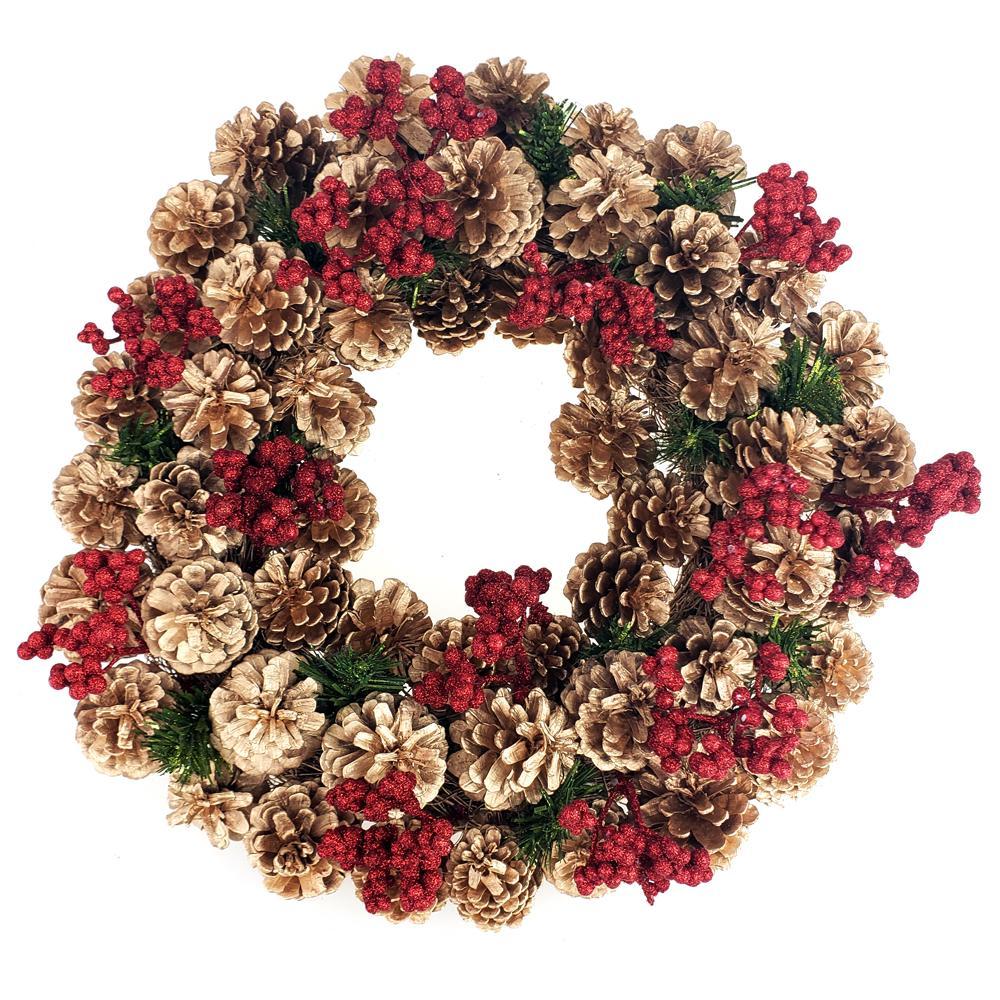 Gold Pine Cones & Glitter Berries Twig Christmas Wreath, Red, 17-Inch