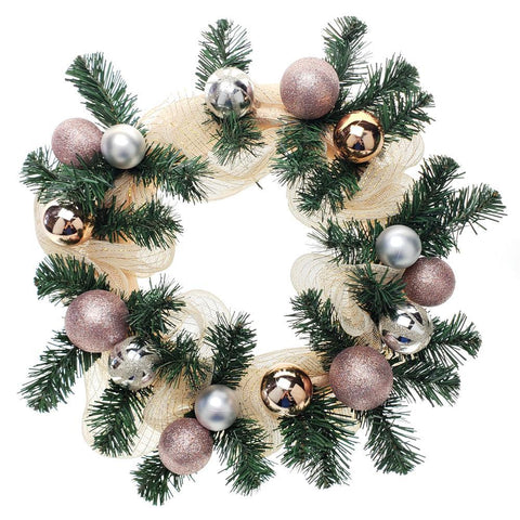 Decorated Mesh Ribbon & Rose Gold Spheres Christmas Wreath, Green/Gold, 21-Inch