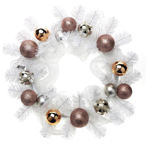 Decorated Mesh Ribbon & Rose Gold Spheres Christmas Wreath, White/Silver, 21-Inch