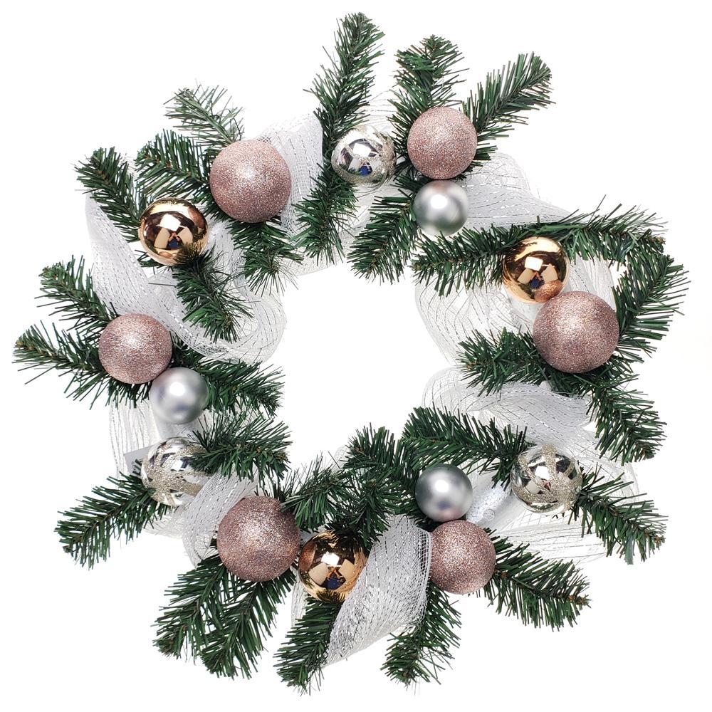 Decorated Mesh Ribbon & Rose Gold Spheres Christmas Wreath, Green/Silver, 21-Inch