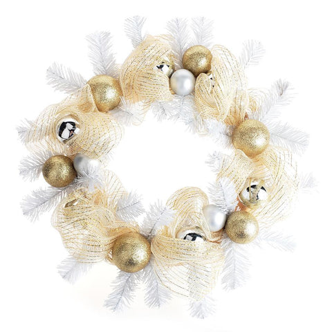 Decorated Gold Mesh Ribbon Christmas Wreath, White/Gold, 21-Inch