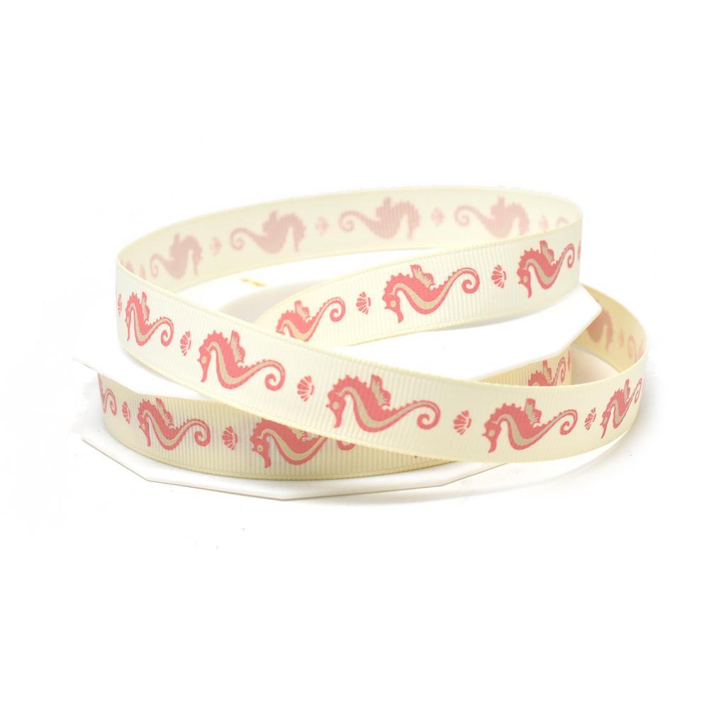 Pink Seahorse Coastal Grosgrain Ribbon, Cream, 5/8-Inch, 20-Yard