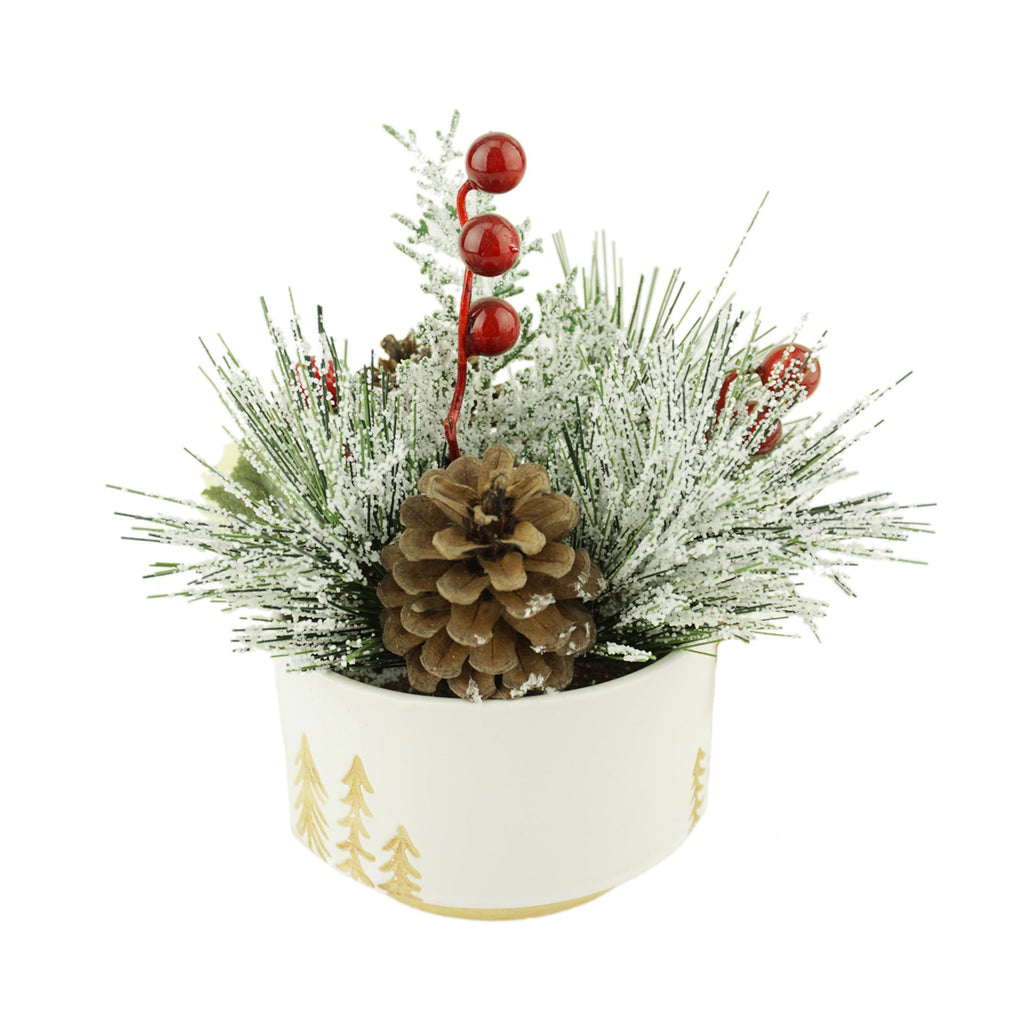 Frosted Pine Needle, Pinecone and Mistletoe Ceramic Pot Arrangement, 7-1/2-Inch