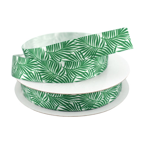 Summer Tropical Fern Leaves Satin Ribbon, 5/8-inch, 10-yard