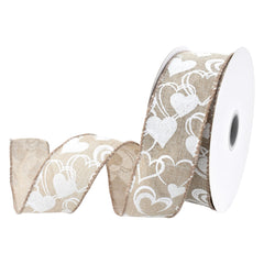 Valentine's Glittered Hearts Faux Linen Wired Ribbon, 1-1/2-inch, 10-yard