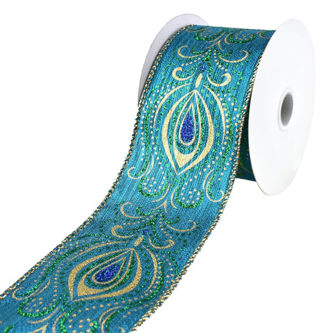 Metallic Peacock and Swirls Wired Ribbon, 2-1/2-Inch, 10-Yard