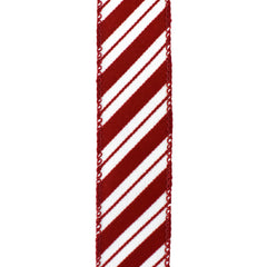Flocked Candy Cane Stripes Wired Ribbon, 1-1/2-Inch, 10-Yard - Red