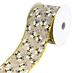 Buzzing Bees Printed Faux Linen Wired Ribbon, 10-yard