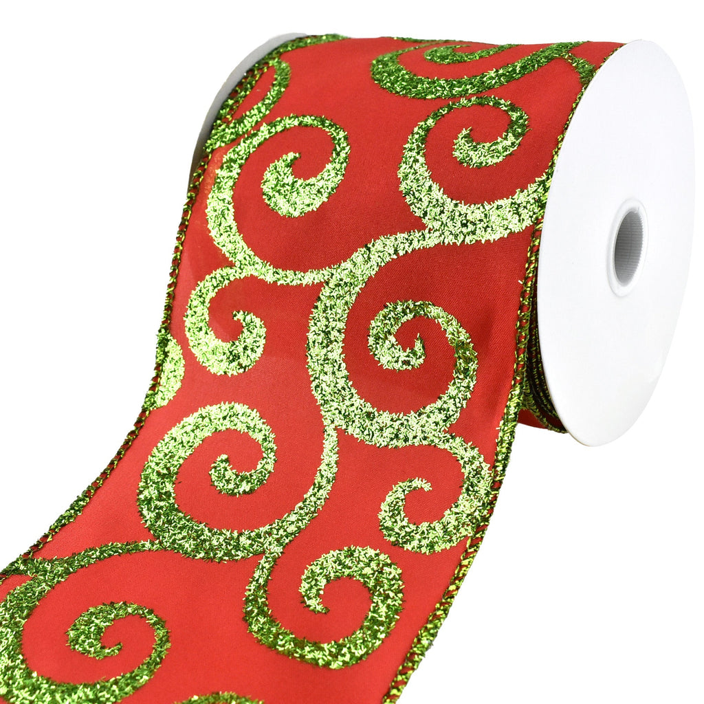 Christmas Glittered Scroll Wired Ribbon, 4-Inch, 10-Yard - Red/Green