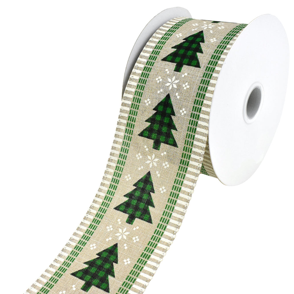 Buffalo Plaid Christmas Trees Ticked Edge Wired Ribbon, 2-1/2-Inch, 10-Yard - Green