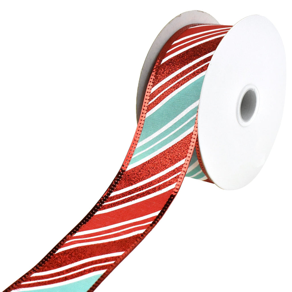 Christmas Glitter Candy Cane Stripes Wired Ribbon, 1-1/2-inch, 10-yard, Aqua/Red