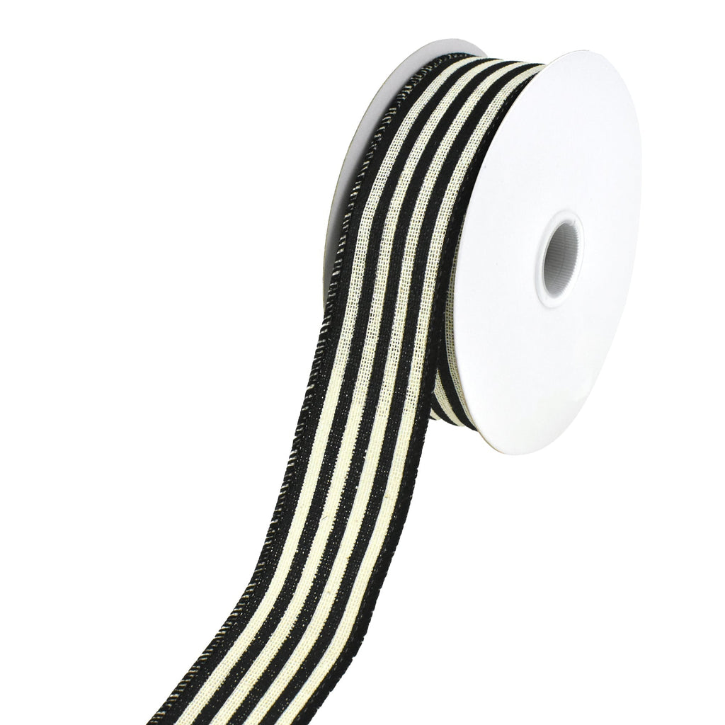 Cabana Stripes Faux Burlap Wired Ribbon, 10-yard, Black/Ivory
