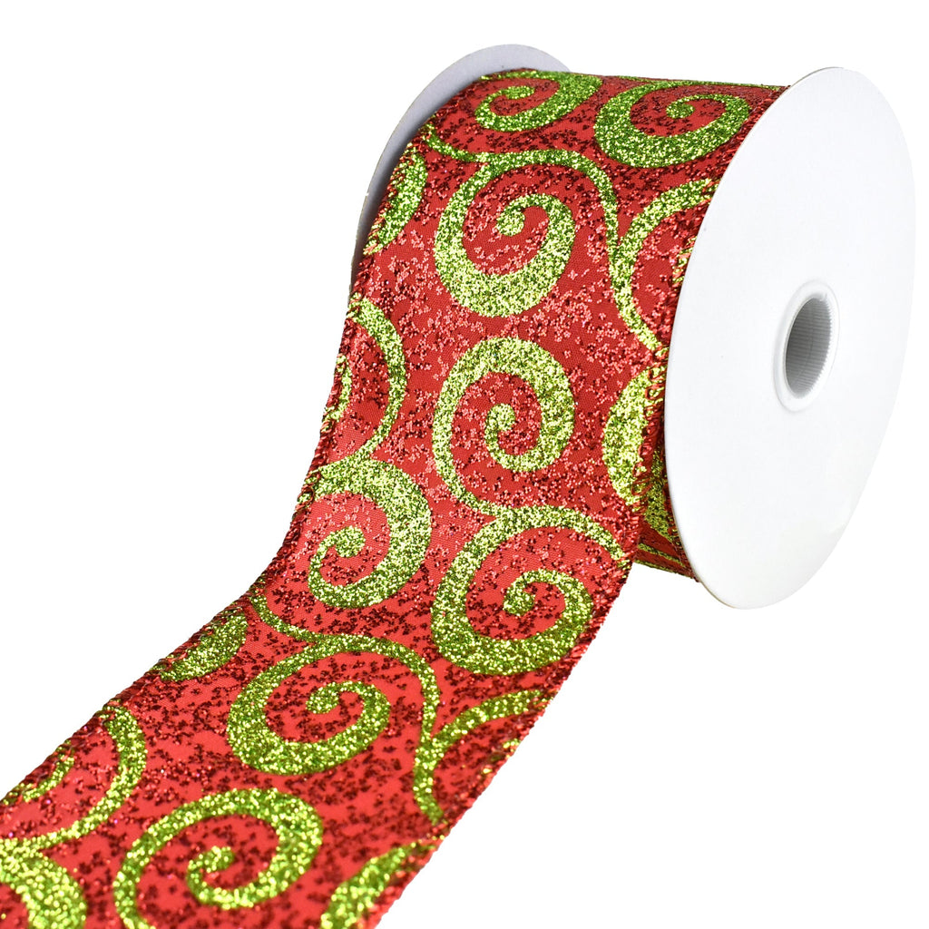 Christmas Groovy Glitter Swirls Wired Ribbon, 2-1/2-Inch, 10-Yard