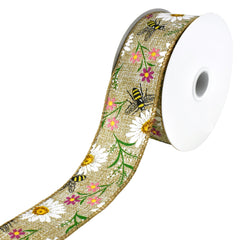 Printed Bees and Spring Flowers Wired Ribbon, 10-yard