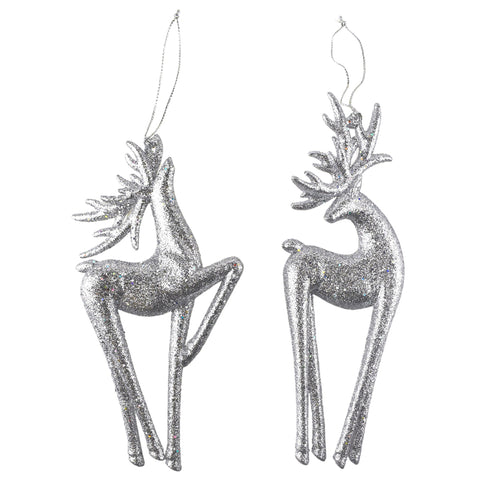 Glittered Deer Christmas Ornaments, 6-Inch, 2-Piece - Silver