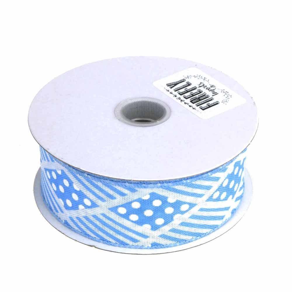 Harlequin Stripes Polka Dots Polyester Ribbon Wired Edge, Blue, 1-1/2-Inch, 10 Yards