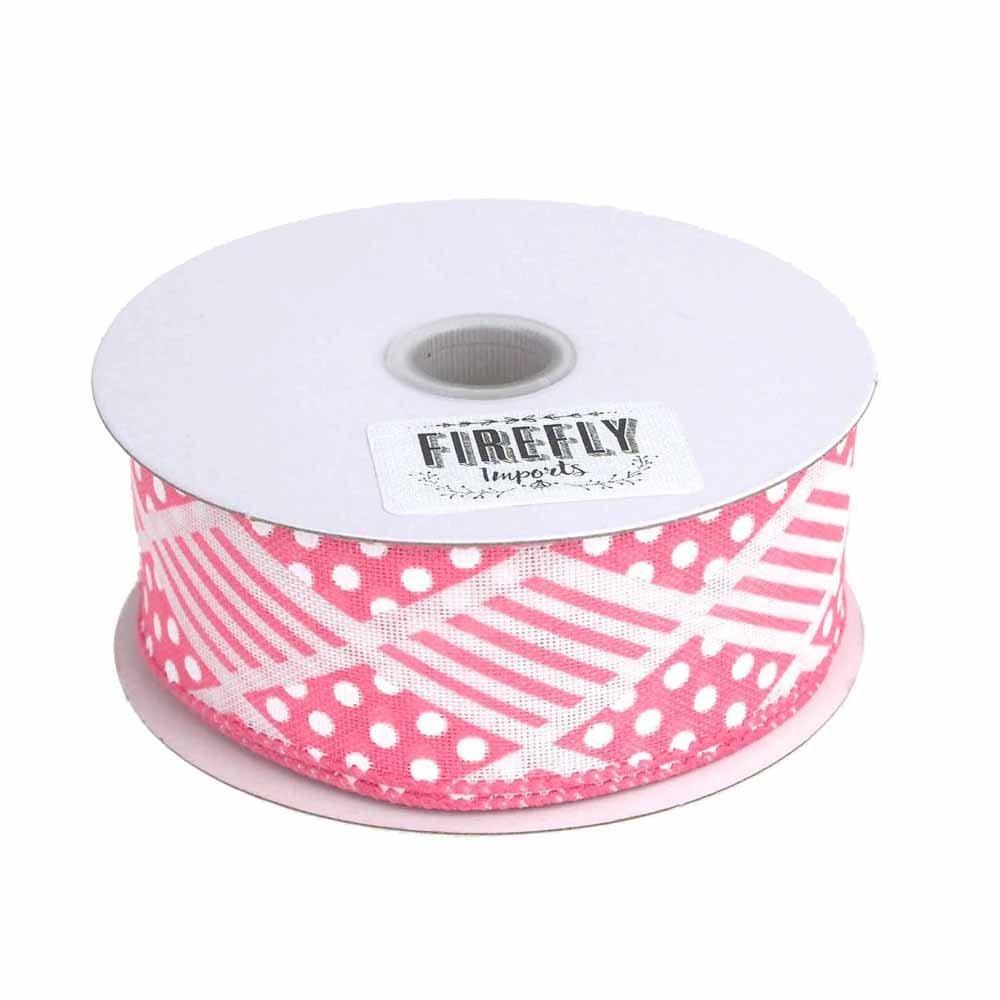 Harlequin Stripes Polka Dots Polyester Ribbon Wired Edge, Pink, 1-1/2-Inch, 10 Yards